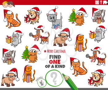 Cartoon illustration of find one of a kind picture educational task with pets characters on Christmas time