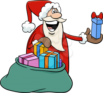 Cartoon illustration of happy Santa Claus character handing out gifts on Christmas time