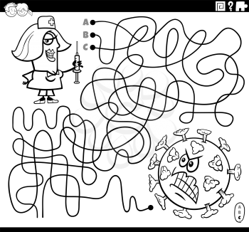 Black and white cartoon illustration of lines maze puzzle game with nurse character with vaccine and virus coloring book page