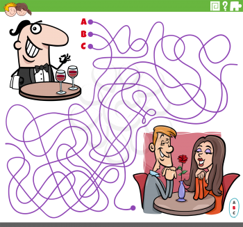 Cartoon illustration of lines maze puzzle game with waiter character and couple in restaurant
