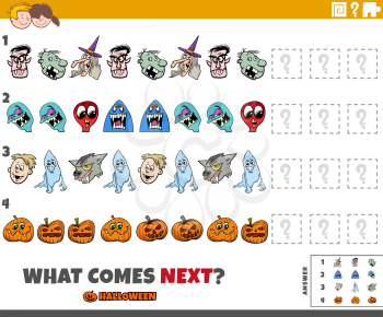Cartoon illustration of completing the pattern educational game for children with scary Halloween characters