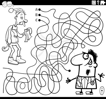 Black and white cartoon illustration of lines maze puzzle game with doctor character and sick guy coloring book page