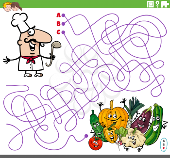 Cartoon illustration of lines maze puzzle game with chef character and vegetables