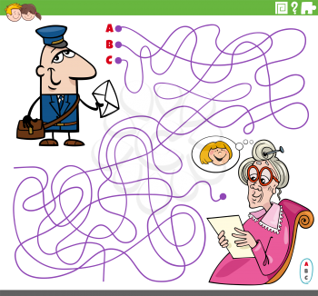 Cartoon illustration of lines maze puzzle game with postman character and senior woman