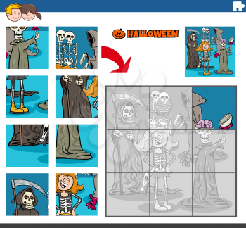 Cartoon illustration of educational jigsaw puzzle game for children with scary Haloween characters