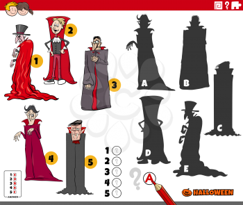 Cartoon illustration of finding the right shadows to the pictures educational game for children with vampires Halloween characters