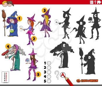 Cartoon illustration of finding the right shadows to the pictures educational game for children with witches Halloween characters