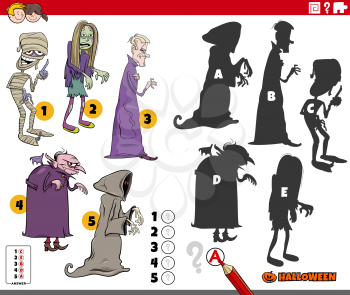 Cartoon illustration of finding the right shadows to the pictures educational game for children with spooky Halloween characters