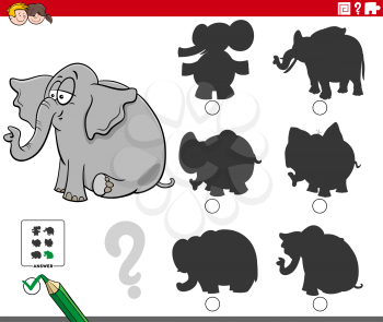 Cartoon illustration of finding the right shadow to the picture educational game for children with cute elephant animal character