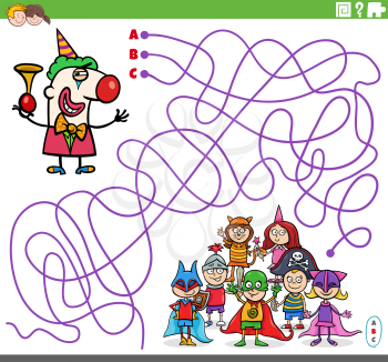 Cartoon illustration of lines maze puzzle game with clown character and costume party for kids