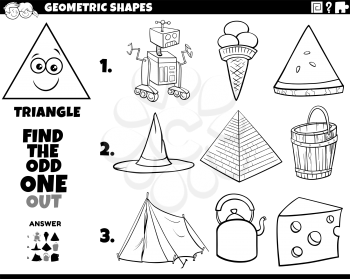Black and white cartoon illustration of triangle geometric shaped objects educational task for children coloring book page