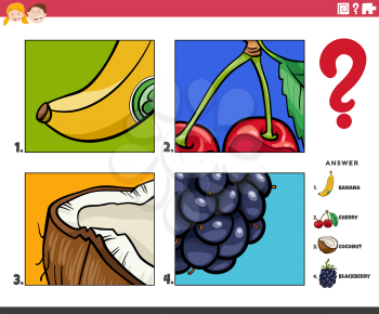 Cartoon illustration of educational game of guessing fruits activity for children