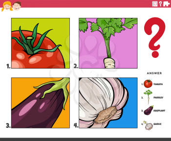 Cartoon illustration of educational game of guessing vegetables activity for children