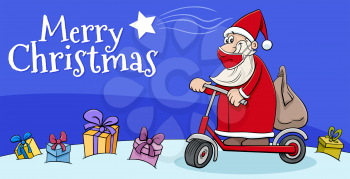 Greeting card cartoon illustration of Santa Claus character on a scooter on Christmas time