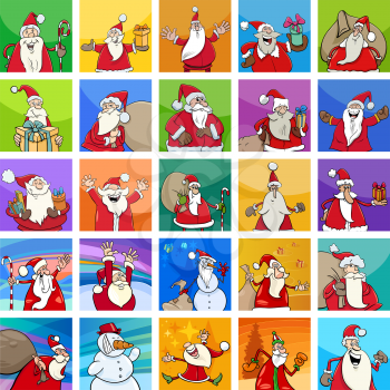 Cartoon illustration of Santa Claus characters celebrating Christmas