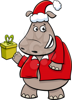Cartoon illustration of hippopotamus animal character with present on Christmas time