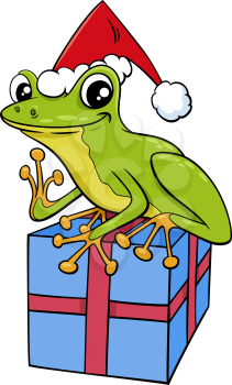 Cartoon illustration of tree frog animal character with present on Christmas time