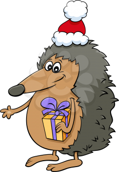 Cartoon illustration of hedgehog animal character with present on Christmas time
