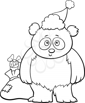 Black and white cartoon illustration of giant panda animal character with sack of presents on Christmas time coloring book page