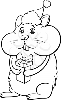 Black and white cartoon illustration of hamster animal character with present on Christmas time coloring book page
