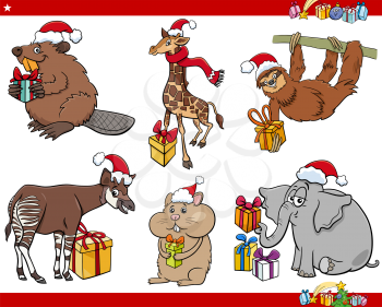 Cartoon illustration of comic animal characters on Christmas time set
