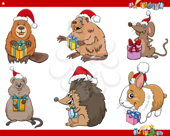 Cartoon illustration of animal characters on Christmas time set