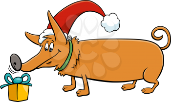 Cartoon illustration of funny dog animal character with gift on Christmas time