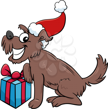 Cartoon illustration of happy dog animal character with present on Christmas time