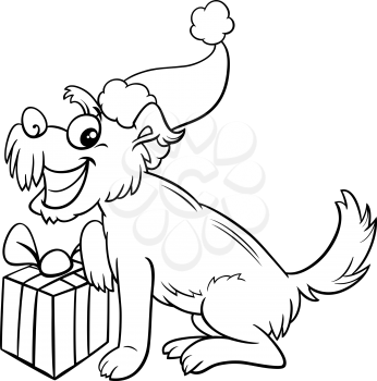Black and white cartoon illustration of happy dog animal character with present on Christmas time coloring book page