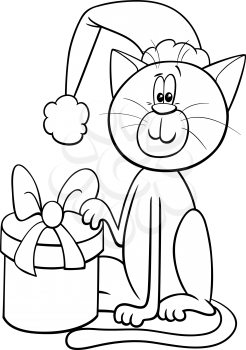 Black and white cartoon illustration of cat animal character with gift on Christmas time coloring book page