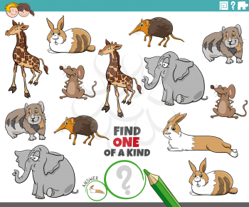Cartoon illustration of find one of a kind picture educational task with comic animal characters