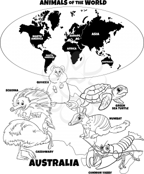 Black and white educational cartoon illustration of typical Australian animal species and world map with continents coloring book page