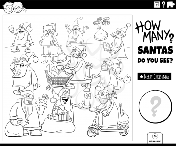 Black and white illustration of educational counting game for children with cartoon Santa Claus characters on Christmas time coloring book page