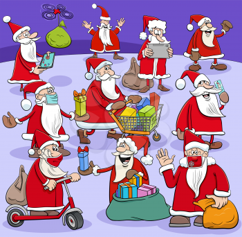 Cartoon illustration of Santa Claus comic characters big group with Christmas presents