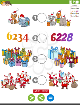 Cartoon illustration of educational mathematical puzzle game of greater than, less than or equal to for children with Christmas characters and numbers worksheet