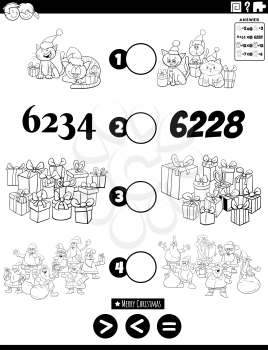 Black and white cartoon illustration of educational mathematical puzzle game of greater than, less than or equal to with Christmas characters and numbers coloring book page