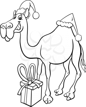Black and white cartoon illustration of camel animal character with present on Christmas time coloring book page