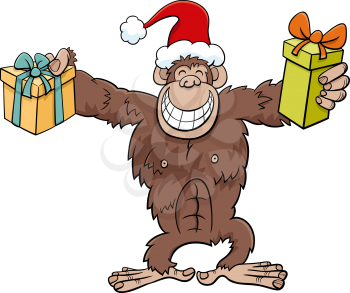 Cartoon illustration of chimpanzee animal character with present on Christmas time