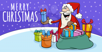 Greeting card cartoon illustration of Santa Claus character giving presents on Christmas time