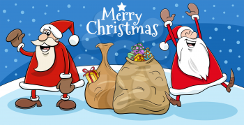 Greeting card cartoon illustration of Santa Claus characters with sacks of presents on Christmas time