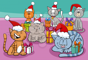 Cartoon illustration of cats and kittens animal characters group with presents on Christmas time