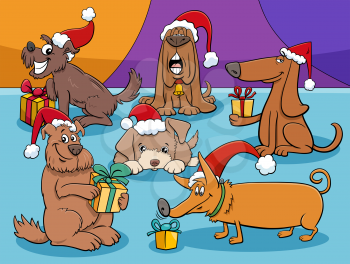 Cartoon illustration of dogs and puppies animal characters group with presents on Christmas Time