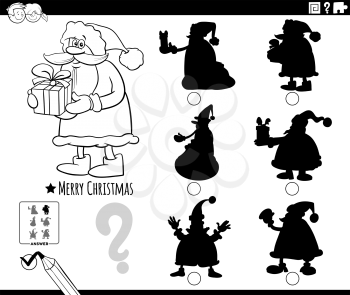 Black and white cartoon illustration of finding the right picture to the shadow educational task for children with Santa Claus Christmas character coloring book page