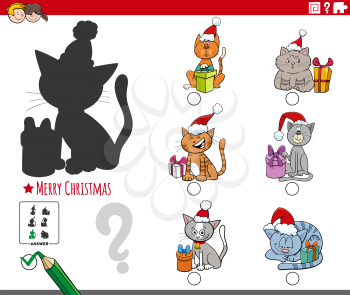 Cartoon illustration of finding the right picture to the shadow educational task for children with cats characters on Christmas time