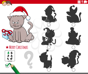 Cartoon illustration of finding the right picture to the shadow educational game for children with cat character on Christmas time