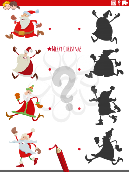Cartoon illustration of match the right shadows with pictures educational activity with Santa Claus characters on Christmas time