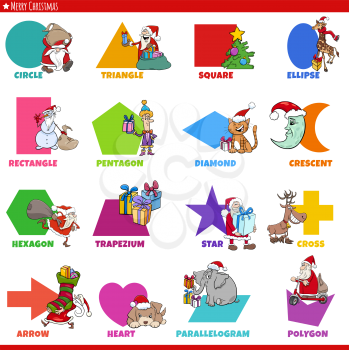 Educational cartoon illustration of geometric shapes with captions and funny Christmas characters for preschool and elementary age children