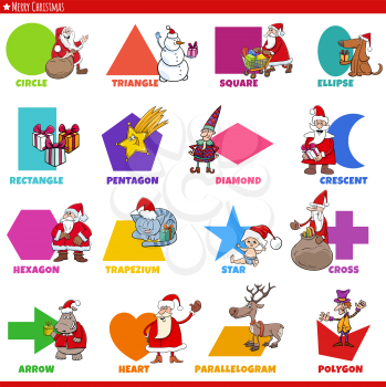 Educational cartoon illustration of geometric shapes with captions and funny Christmas holiday characters for preschool and elementary age children