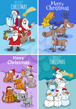 Cartoon illustration of Christmas greeting cards set with Santa Claus and holiday characters