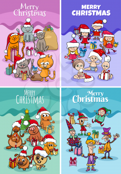 Cartoon illustration of greeting cards set with Christmas holiday characters